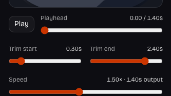 Animation editing panel showing the playhead, trim range and playback speed