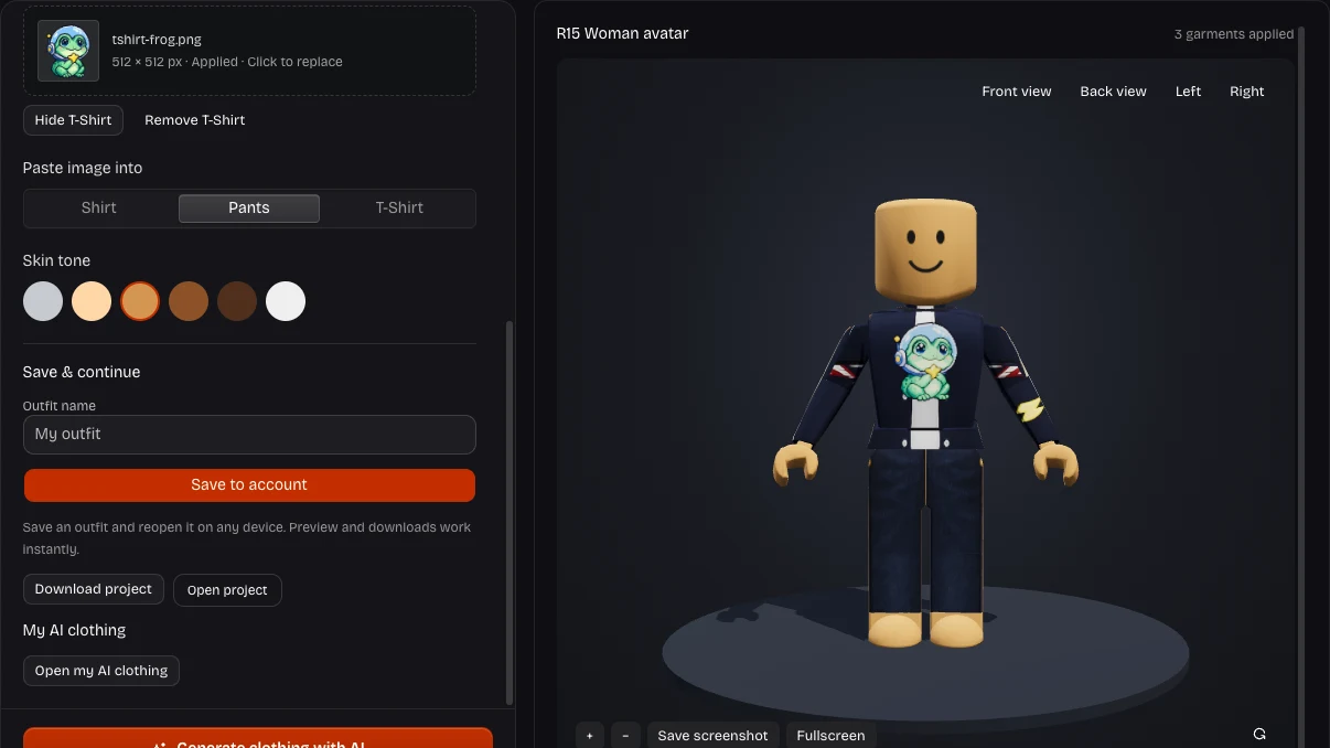 Outfit preview beside the account saving and project backup controls