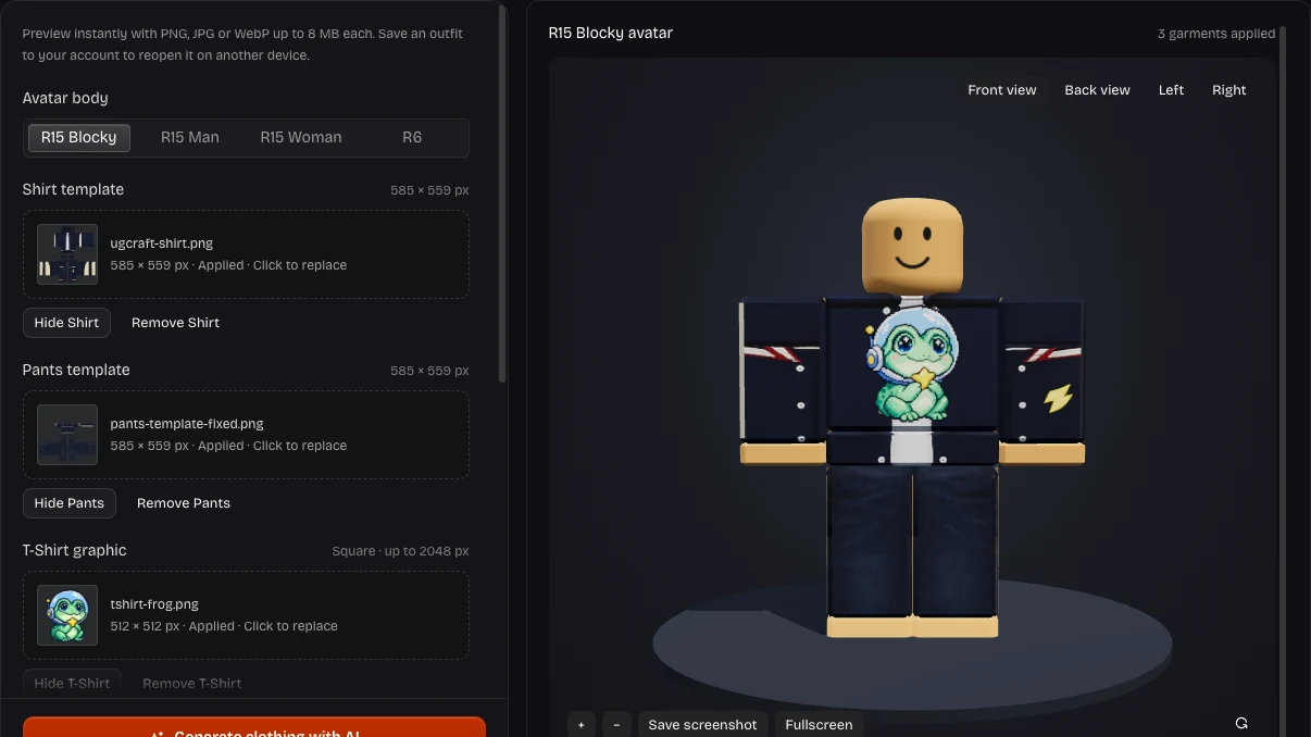 Own Clothing Preview workspace with body selection and the outfit visible