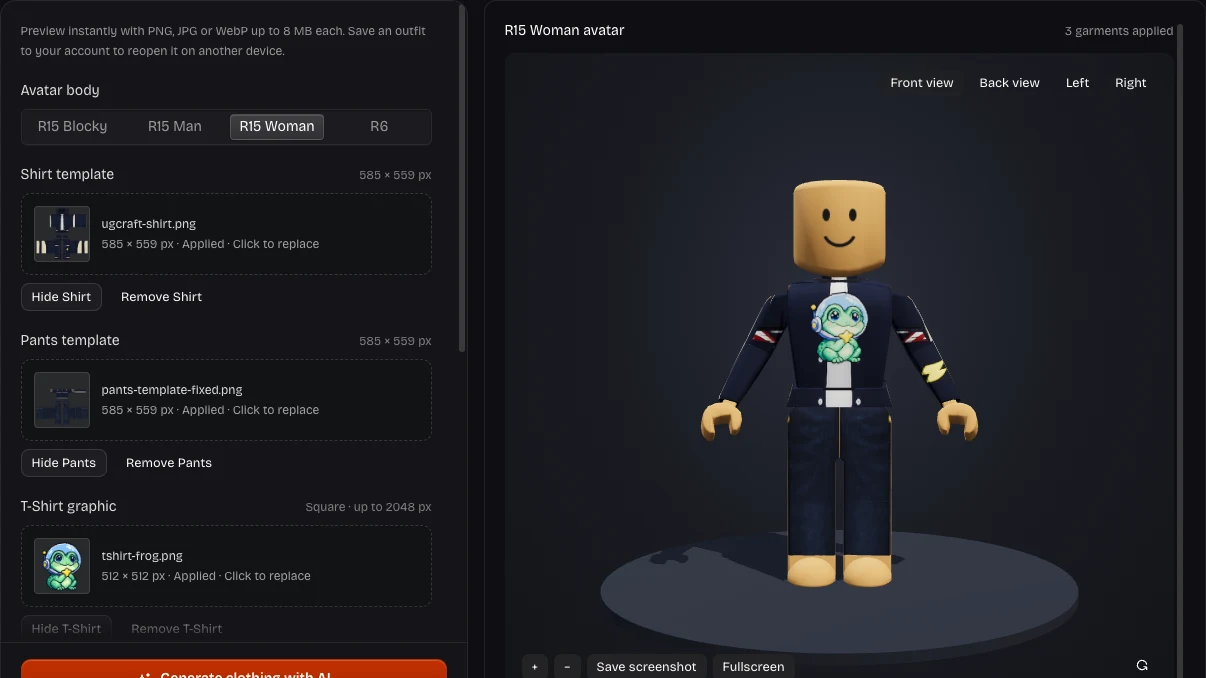 Own Clothing Preview showing shirt, pants and T-Shirt layers together