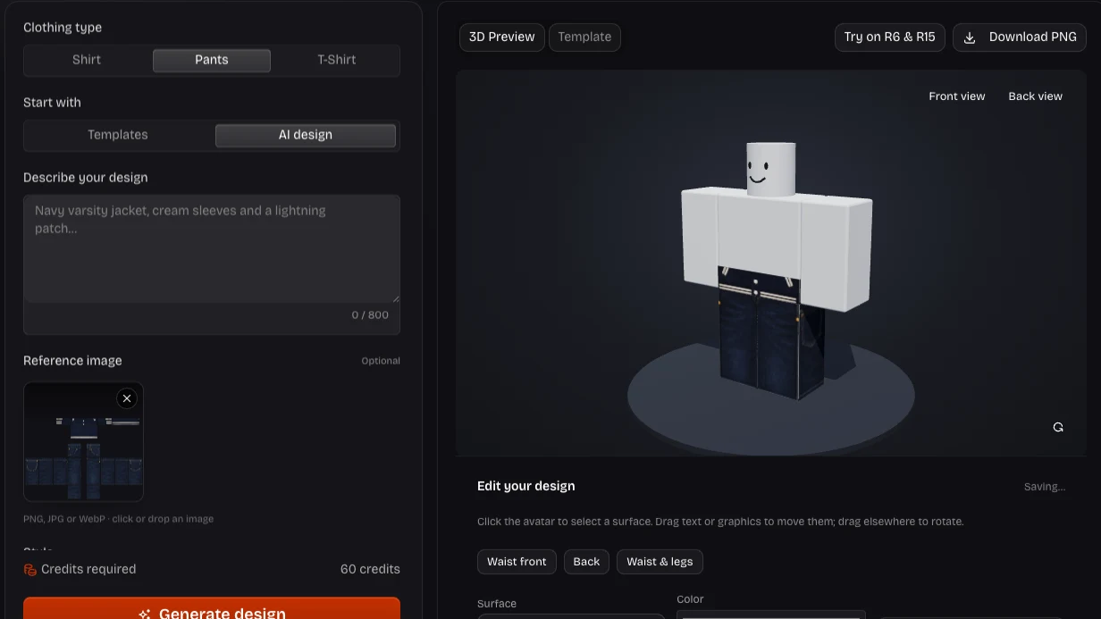 Own Shirt Maker workspace with clothing editing and Preview Clothing action