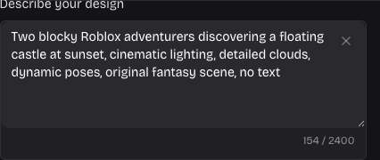 Recorded prompt describing two adventurers discovering a floating castle at sunset