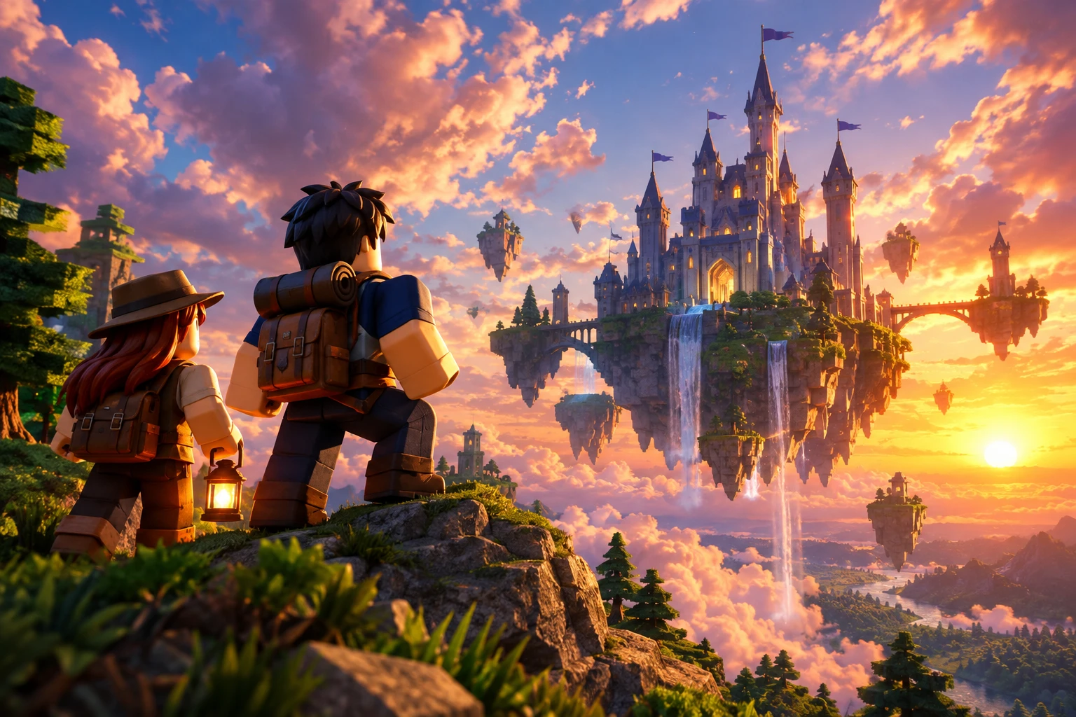 Roblox characters overlooking a floating castle at sunset