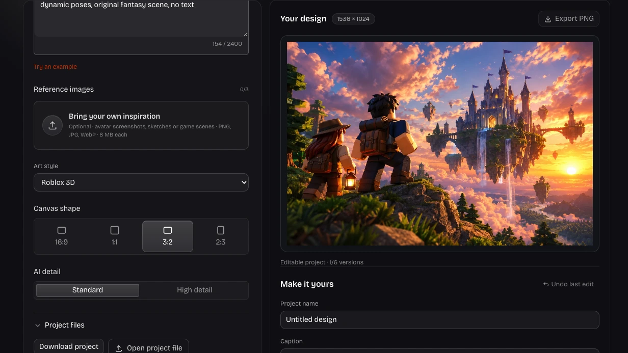 Actual image editor with prompt, canvas and finishing controls