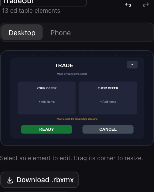 Actual trade layout in the mobile editor, with offer panels, Ready and Cancel buttons