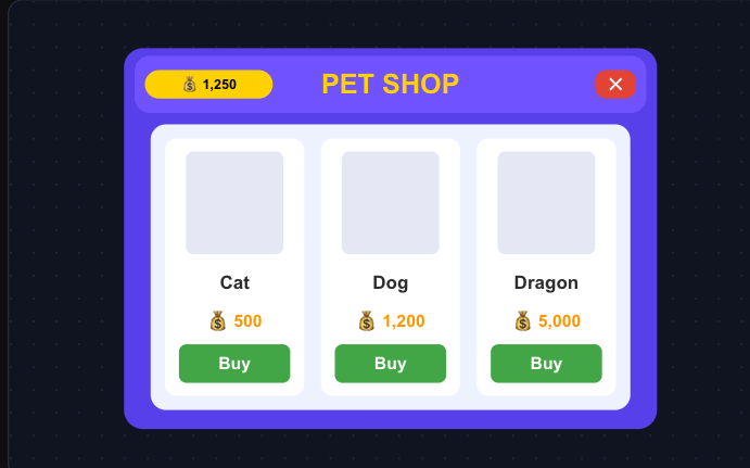 Native pet shop layout recreated from the reference, with editable cards, text and buttons