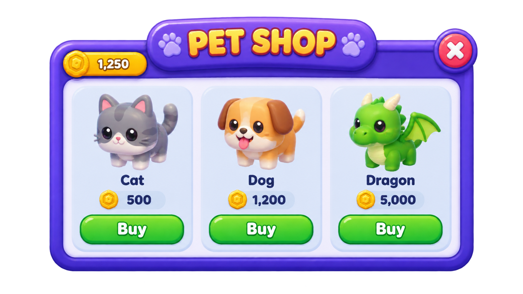 Purple pet shop reference with three illustrated pets, currency counters and Buy buttons