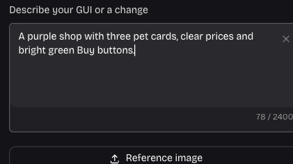 Actual Roblox GUI Maker prompt field describing a purple shop and its Buy buttons