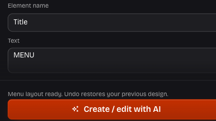 Actual editor showing a menu with its selected element and editable text properties