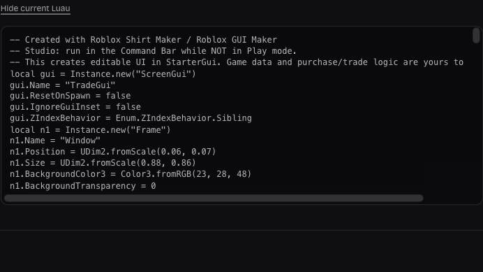 Actual Luau export panel with current ScreenGui and native component definitions
