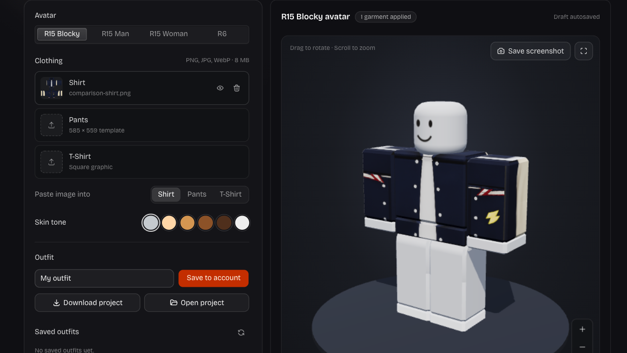 Clothing Preview controls and reference avatar for checking an outfit