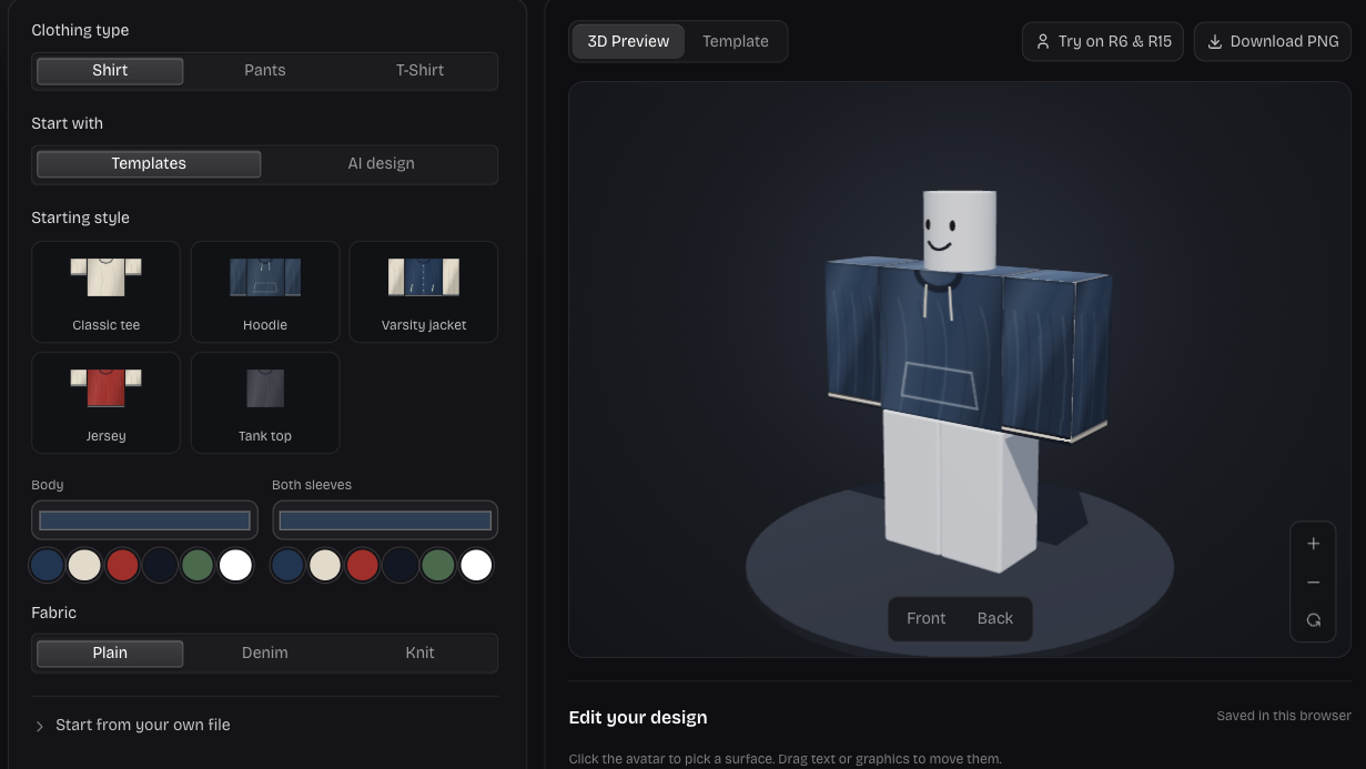 Shirt Maker controls beside an editable clothing and avatar preview