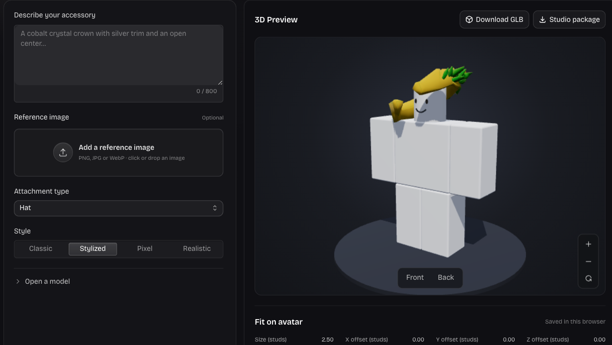 UGC Creator controls for reference input and native 3D model generation