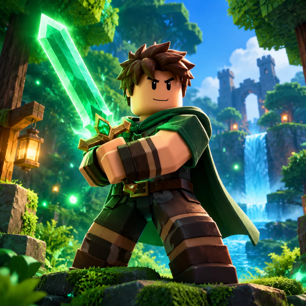 Square emerald sword game icon with a centered adventurer and forest setting