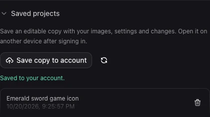 Actual account panel with a saved emerald sword icon project and recovery controls