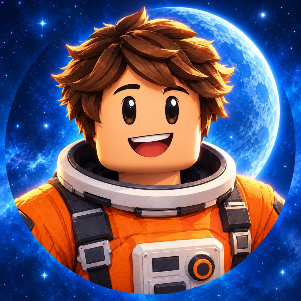 Illustrated orange-suited astronaut portrait against a moonlit blue background