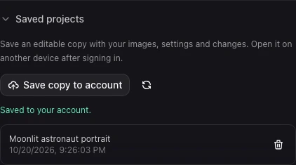Actual private project panel with a saved astronaut portrait project and account recovery controls