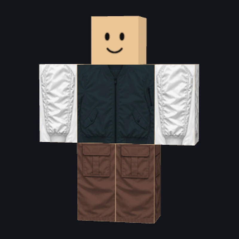 RoShirtMaker style reference showing brown cargo pants with a dark jacket and white sleeves