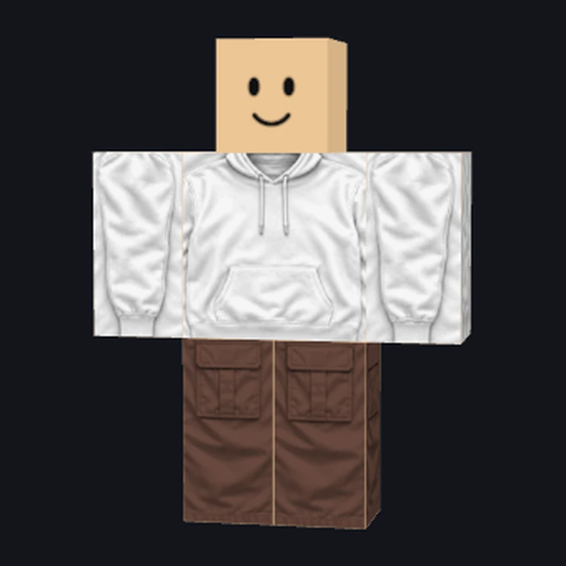 RoShirtMaker style reference showing a white hoodie and brown cargo pants on a Roblox avatar