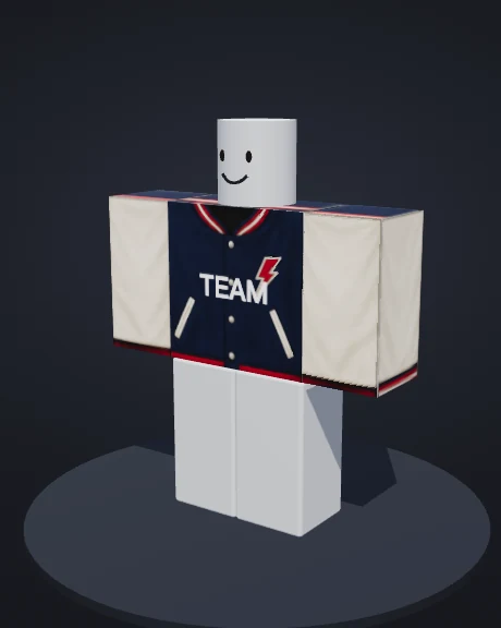 Navy varsity shirt with cream sleeves, red trim and TEAM lettering on the R6 avatar