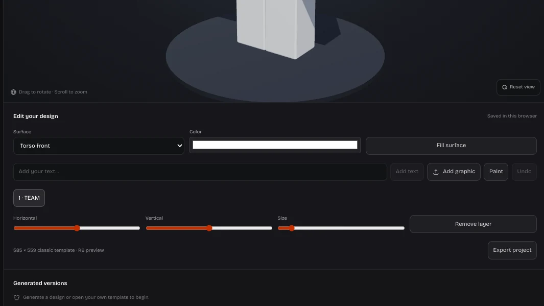 Clothing panel editor showing the TEAM text layer, surface color and position controls