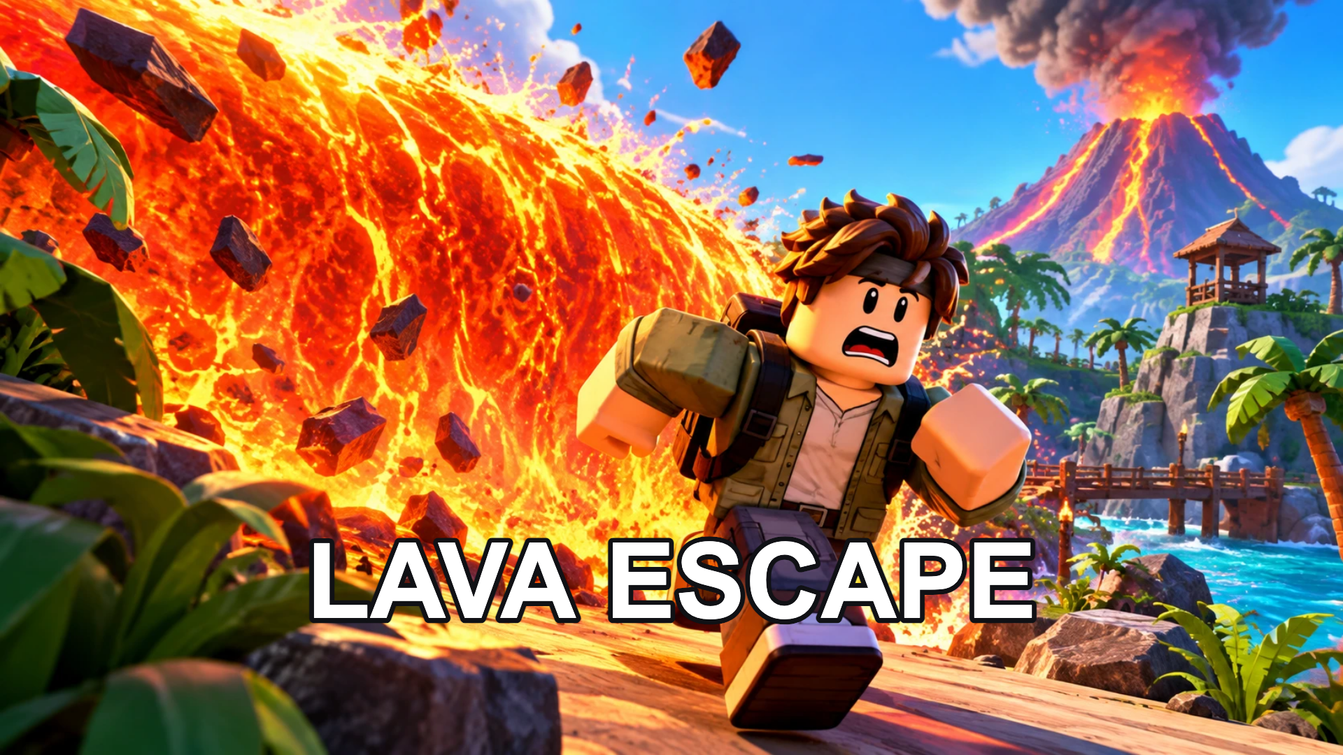 Wide lava escape image with an explorer and a separately added LAVA ESCAPE caption