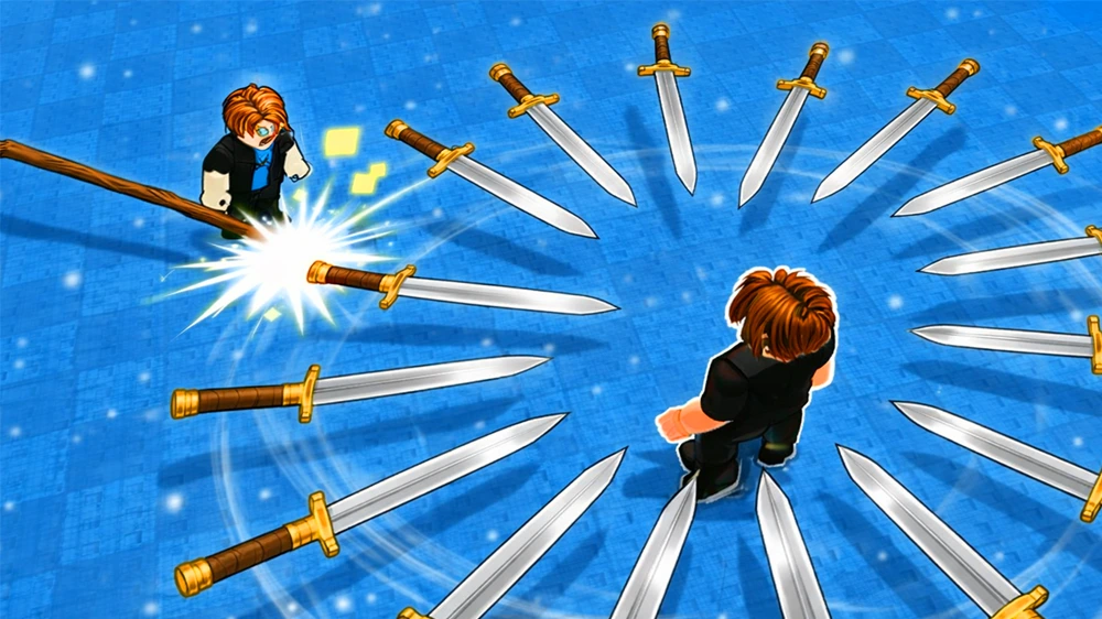 Wide blocky-character battle illustration with converging swords and a clear central action
