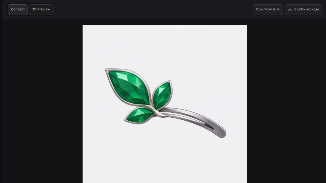 Accessory Studio showing the emerald leaf concept with a silver base before the 3D model step