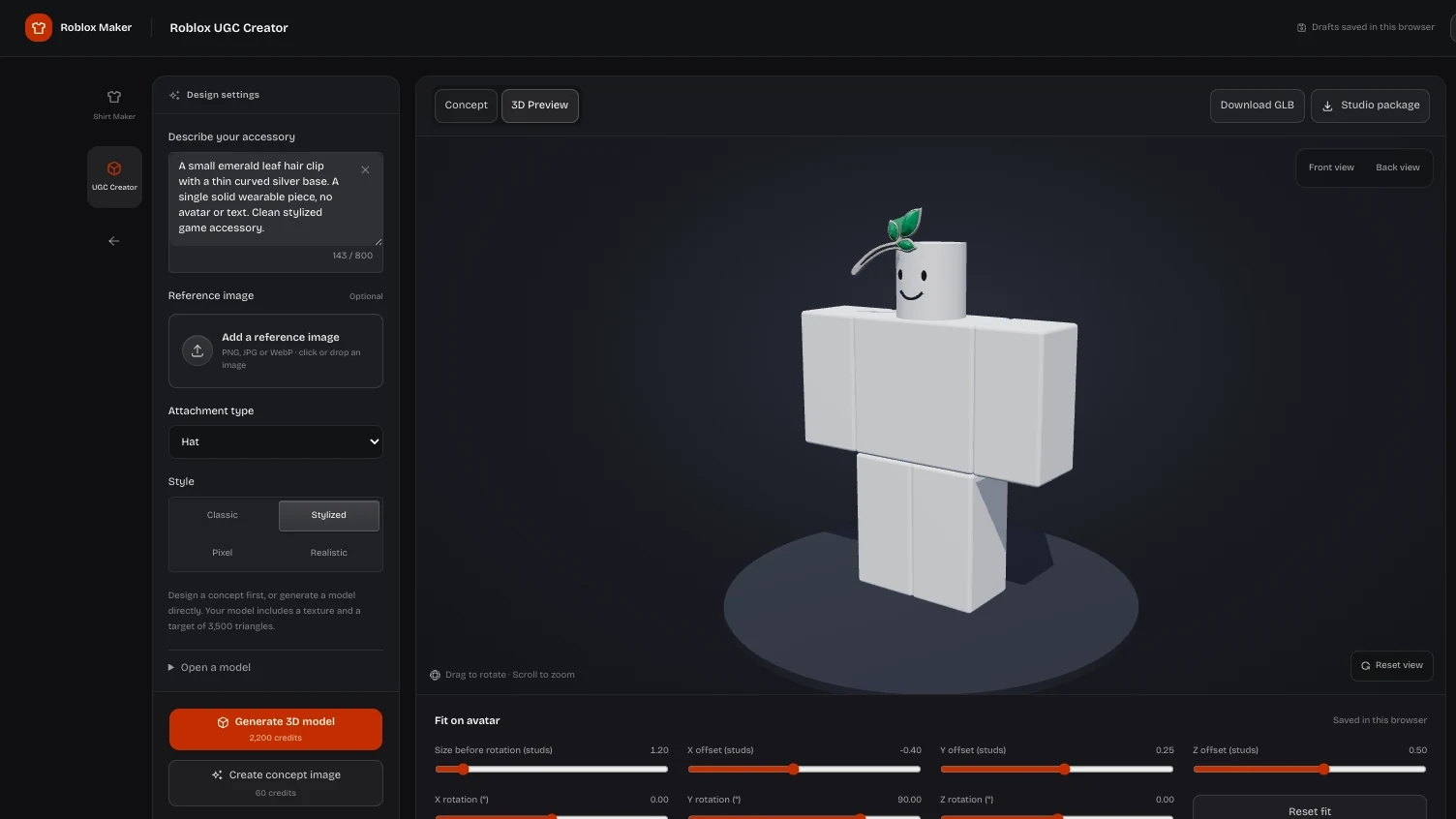 Accessory Studio with reference input, concept controls and the model preview